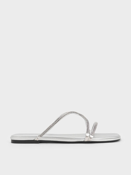 Metallic Braided Strappy Sandals, Silver, hi-res