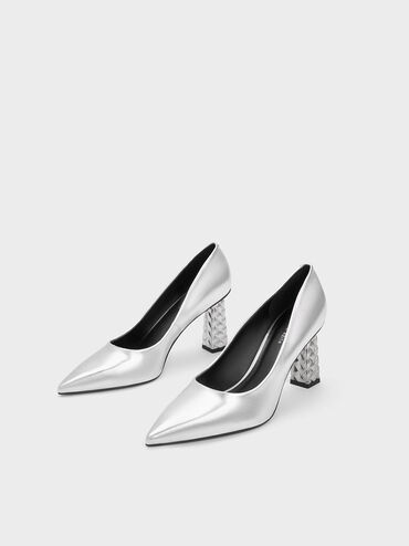 Metallic Quilted Heel Pointed-Toe Pumps, Silver, hi-res