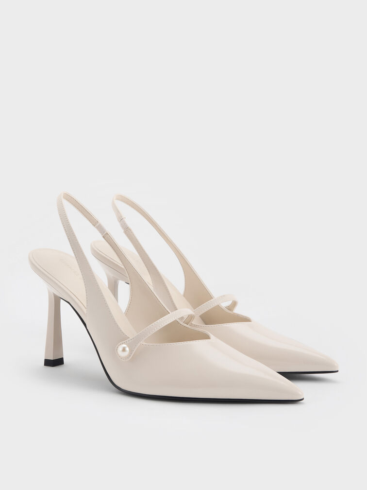 Helena Pearl-Buckle Pointed-Toe Slingback Pumps, Chalk, hi-res