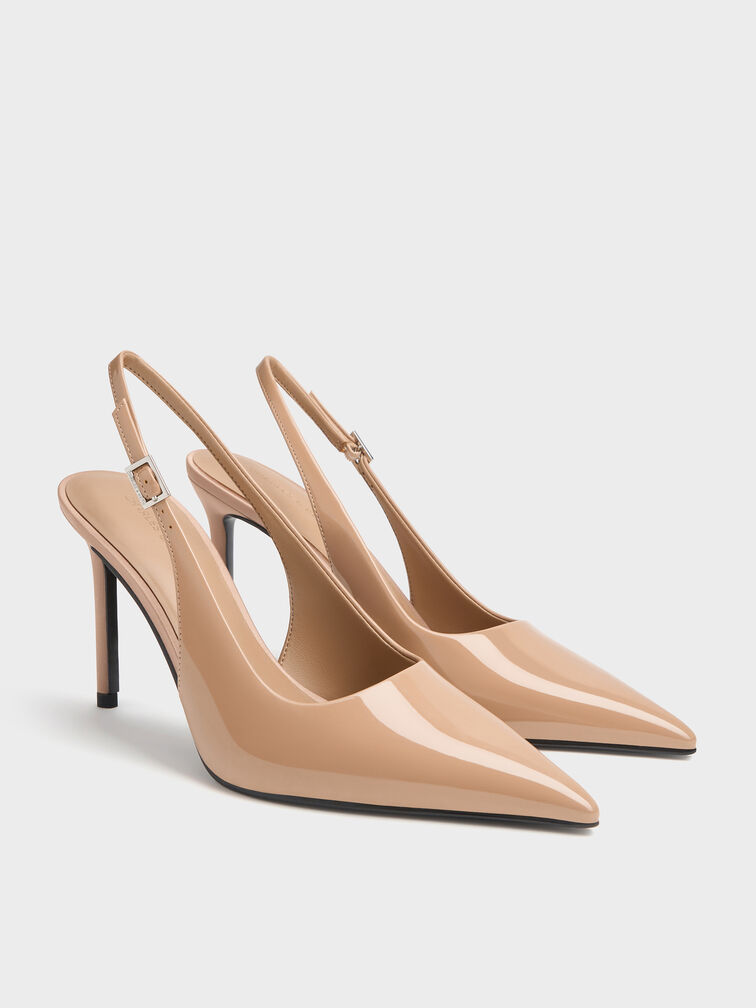 Patent Pointed Slingback Pumps, Nude, hi-res