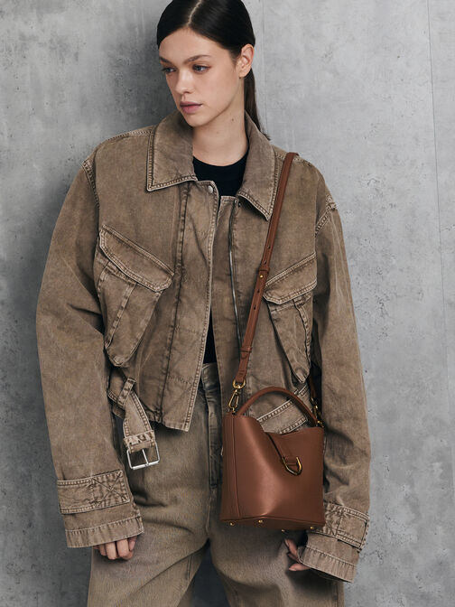 Gabine Leather Belted Top-Handle Bucket Bag, Chocolate, hi-res