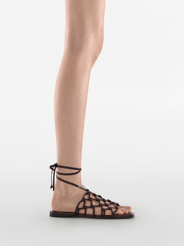 Woven Tie-Around Net Sandals, Burgundy, hi-res