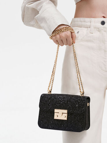 Alva Glittered Chain-Handle Bag, Black, hi-res