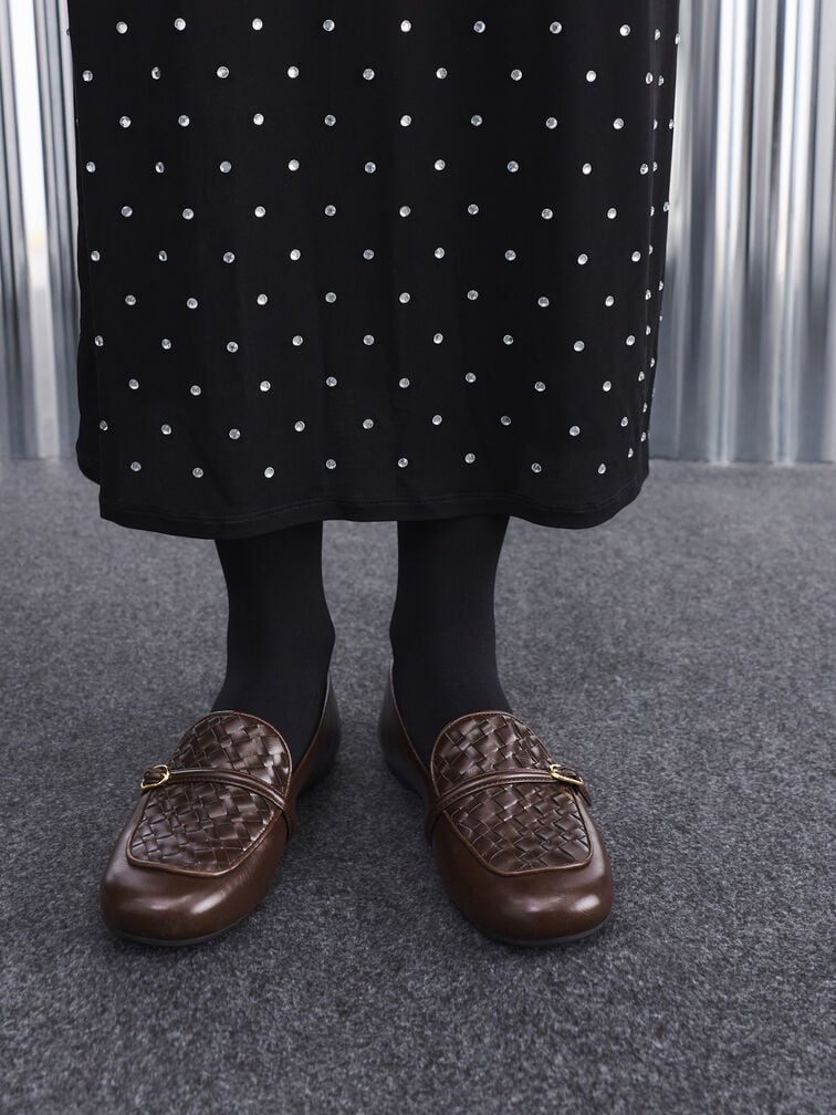 Woven Buckle-Strap Loafers, Dark Brown, hi-res