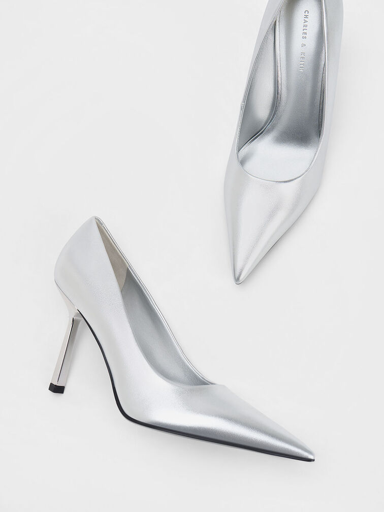 Metallic Pointed-Toe Pumps, Silver, hi-res