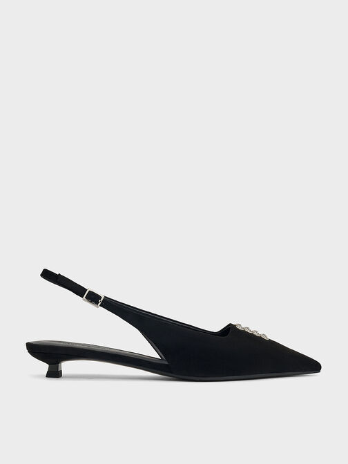 Faux Suede Crystal-Embellished Slingback Pumps, Black Textured, hi-res