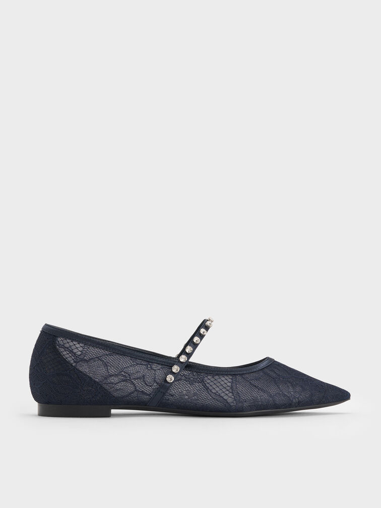 Lace & Satin Crystal Mary Jane Flats, Dark Blue, hi-res
