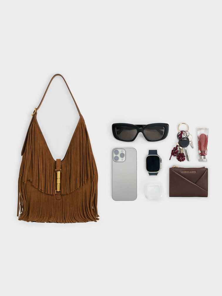 Cesia Recycled Suede Fringed Hobo Bag, Sienna Brown, hi-res