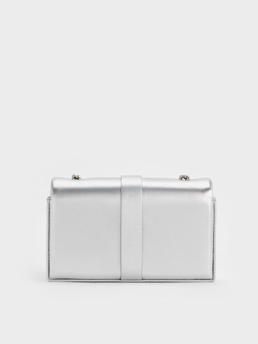 حقيبة معدنية مزينة بحزام ومقبض سلسلة وإبزيم كريستالي, فضي, hi-res