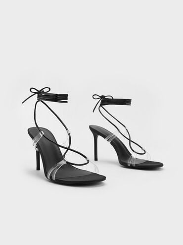 Tie-Around Heeled Sandals, Black, hi-res
