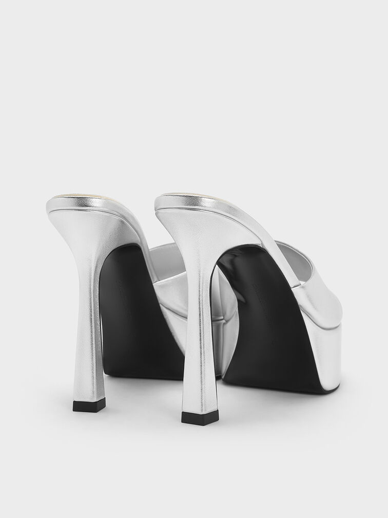صندل مولز بلمسة معدنية وكعب عالٍ ونعل سميك, فضي, hi-res