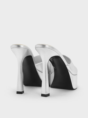 صندل مولز بلمسة معدنية وكعب عالٍ ونعل سميك, فضي, hi-res