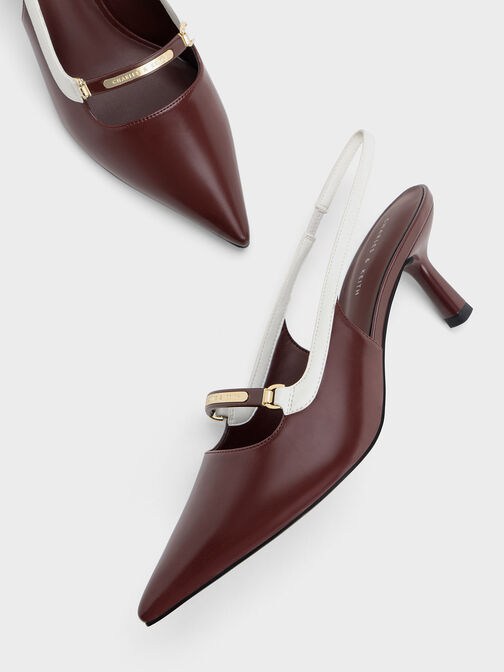 Two-Tone Metallic Accent Slingback Pumps, Maroon, hi-res