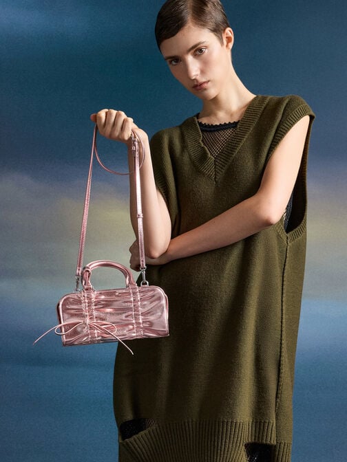 حقيبة بولينغ ميتاليك بتعليقة فيونكة, زهري مضيء, hi-res