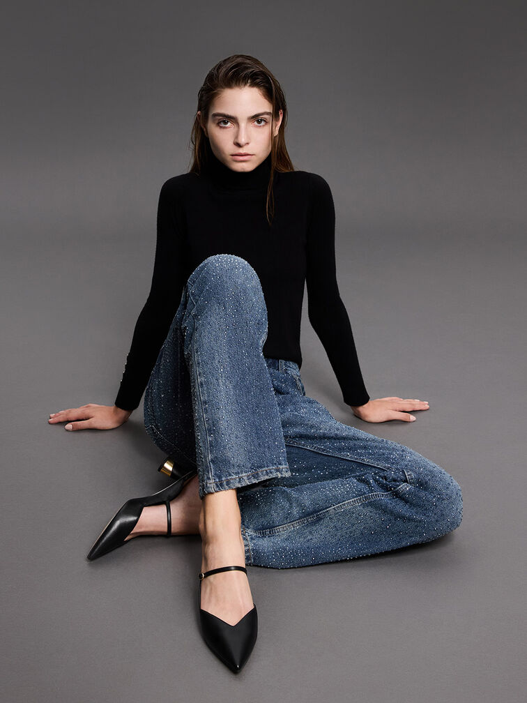 صندل بامبس كامي وكعب منحوت بلمسة معدنية, أسود, hi-res