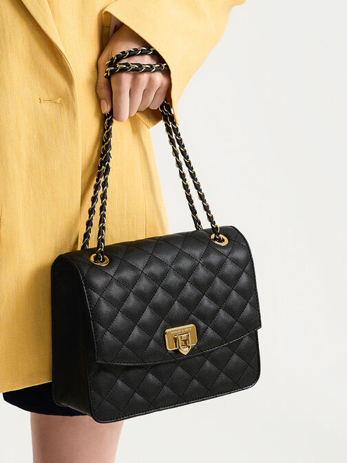Cressida Quilted Chain Strap Bag, Black, hi-res