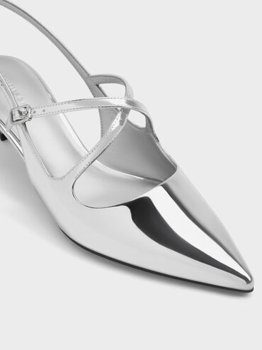 Pauline Metallic Crossover Slingback Kitten Heels, Silver, hi-res
