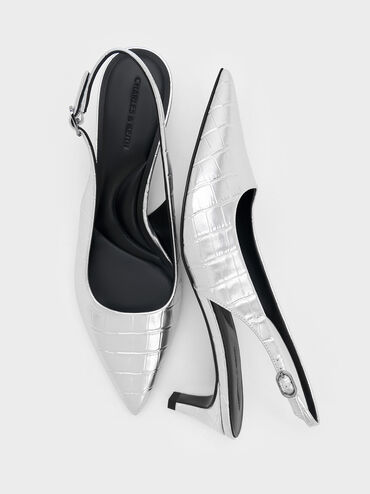 حذاء مفتوح من الخلف بكعب القطة ومقدمة مدببة ونقشة جلد التمساح, , hi-res