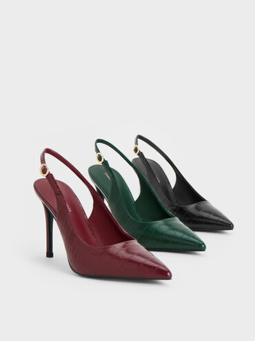 حذاء بكعب ستيليتو مفتوح من الخلف بحزام كاحل ونقشة جلد التمساح, أسود حيواني, hi-res