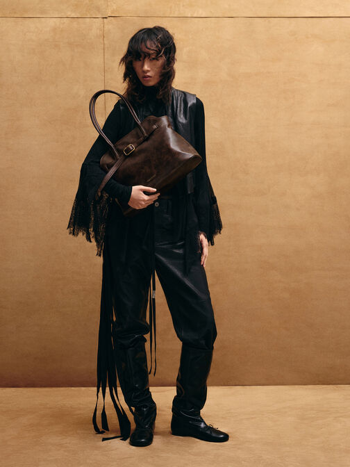 شنطة توت فيكتوريا مزينة بحزام, بني مطفي, hi-res