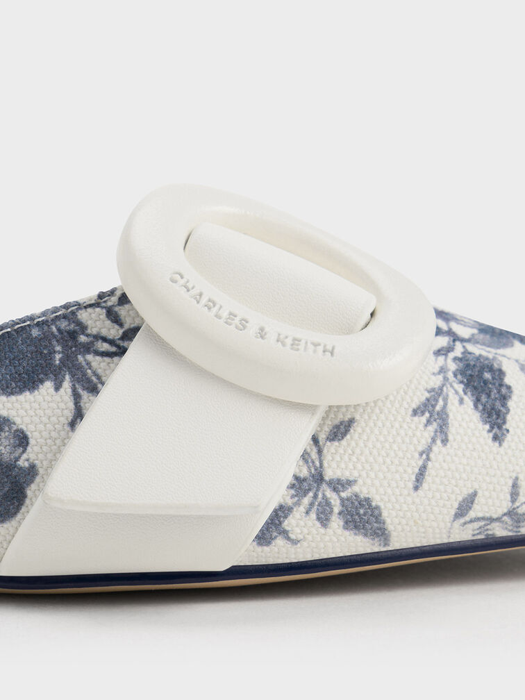 حذاء ميول بنقشة زهور ومقدمة مدببة وإبزيم بيضاوي, أزرق داكن, hi-res