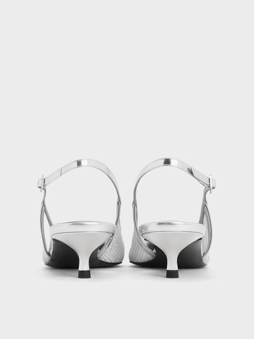 حذاء بكعب كيتن مصنوع من قماش شبكي بمظهر معدني ومقدمة مدببة مغلقة مزينة بطيّة أمامية, فضي, hi-res