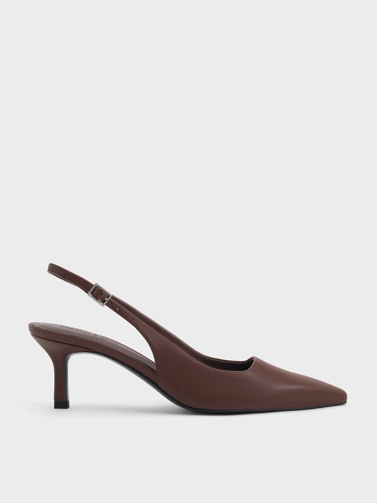 Pointed-Toe Kitten-Heel Slingback Pumps, Dark Brown, hi-res