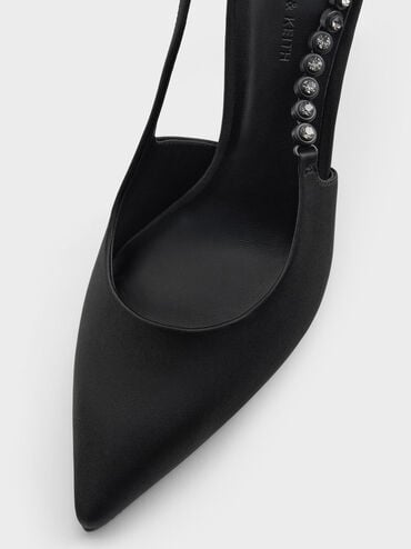 حذاء فلوريس مفتوح من الخلف مزين بحزام مرصّع بالأحجار من بوليستر معاد تدويره, أسود, hi-res