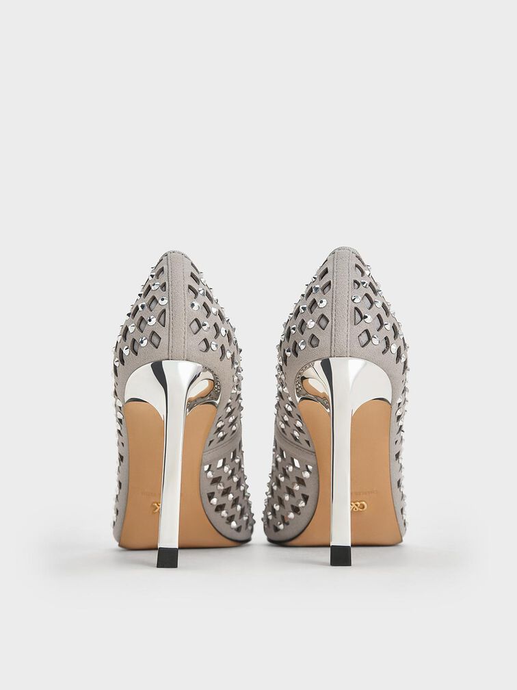Studded Cut-Out Pointed-Toe Pumps, Light Grey, hi-res
