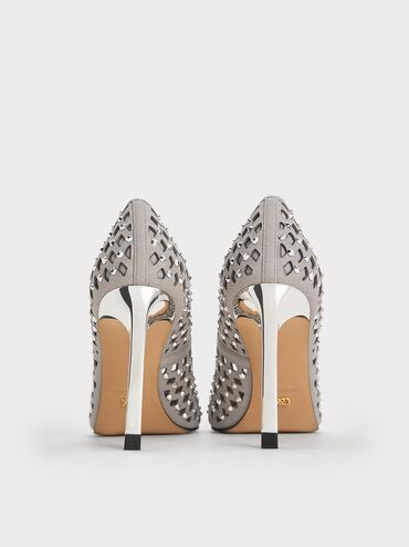Studded Cut-Out Pointed-Toe Pumps, Light Grey, hi-res
