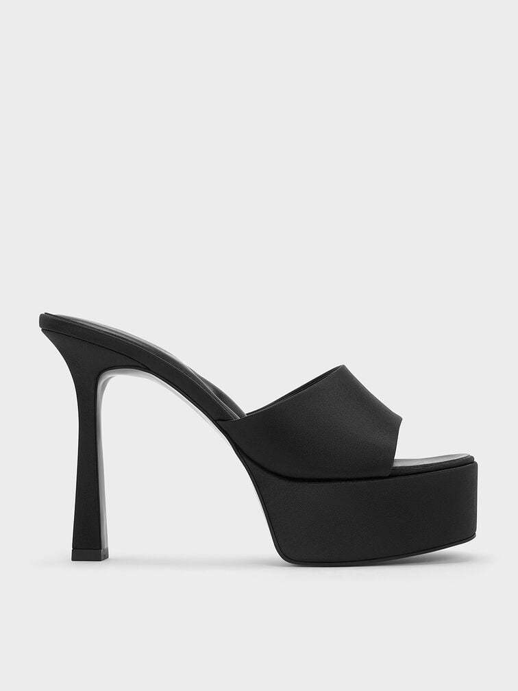 صندل مولز بكعب عالٍ ونعل سميك من الساتان, أسود خشن, hi-res