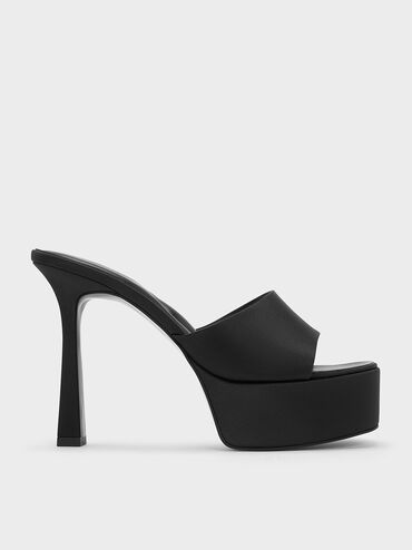 صندل مولز بكعب عالٍ ونعل سميك من الساتان, أسود خشن, hi-res