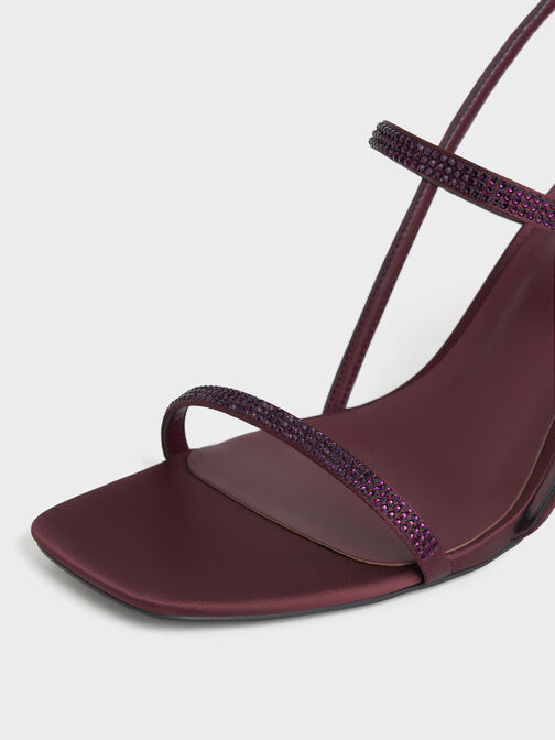 Arona Satin Crystal-Embellished Stiletto-Heel Sandals, Burgundy, hi-res