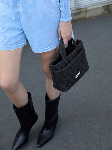 Nylon Chevron Boxy Tote Bag, Jet Black, hi-res