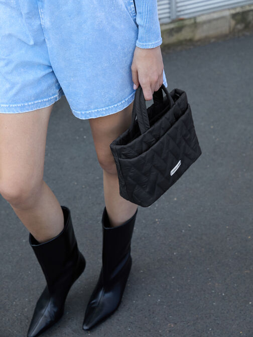 Nylon Chevron Boxy Tote Bag, Jet Black, hi-res