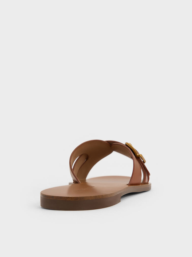 Belted Slide Sandals, Brown, hi-res
