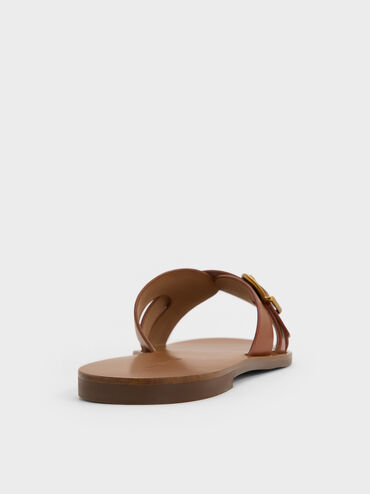 Belted Slide Sandals, Brown, hi-res