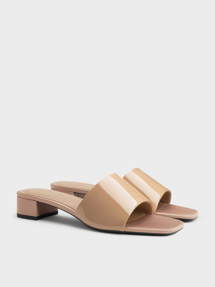 Patent Wide-Strap Heeled Mules, Nude, hi-res