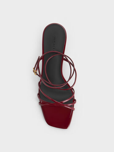 Patent Strappy Square-Toe Kitten-Heel Sandals, Red, hi-res