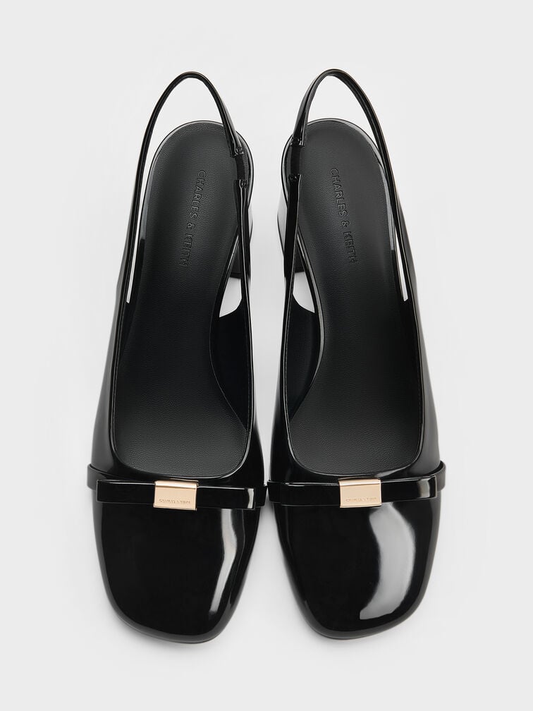 حذاء كعب عريض لامع بحزام خلفي وفيونكة, أسود براق, hi-res