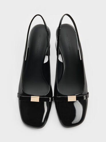 حذاء كعب عريض لامع بحزام خلفي وفيونكة, أسود براق, hi-res
