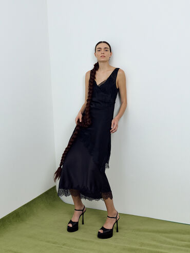 Francesca Peep-Toe Platform Heels, Black Textured, hi-res