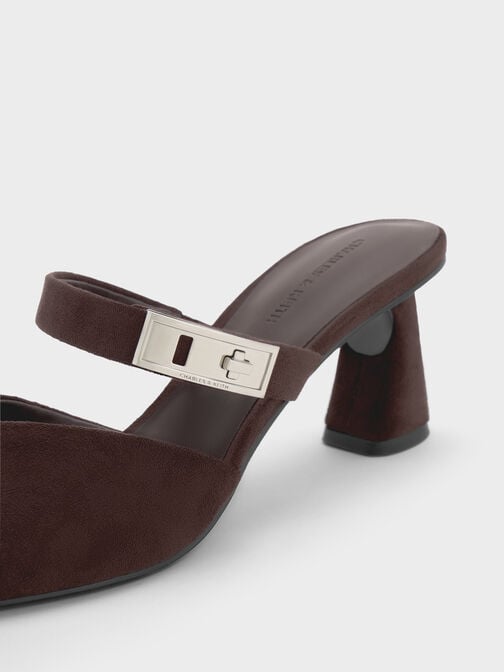 Lando Faux Suede Pointed-Toe Metallic-Buckle Heeled Mules, Dark Brown Textured, hi-res