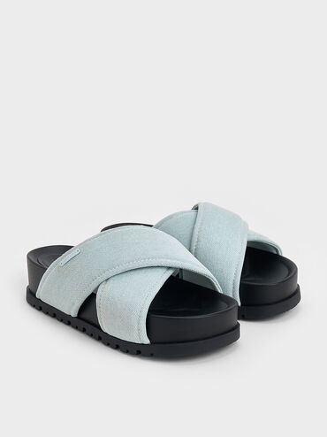 Denim Crossover-Strap Flatform Sandals, Light Blue, hi-res
