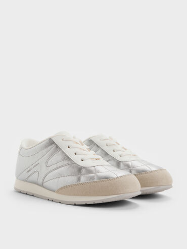 حذاء رياضي للبنات برقبة منخفضة مصنوع من الجلد السويدي الصناعي لون معدني, فضي, hi-res