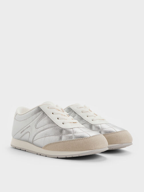 حذاء رياضي للبنات برقبة منخفضة مصنوع من الجلد السويدي الصناعي لون معدني, فضي, hi-res