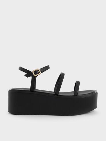 Strappy Flatform Wedge Sandals, Black, hi-res