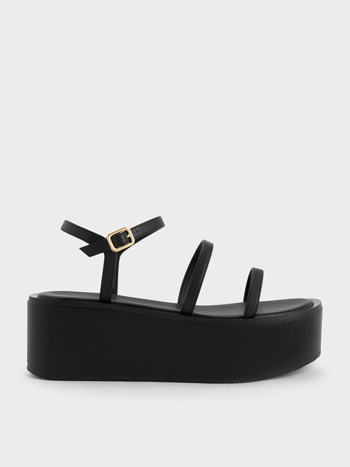 Strappy Flatform Wedge Sandals, Black, hi-res