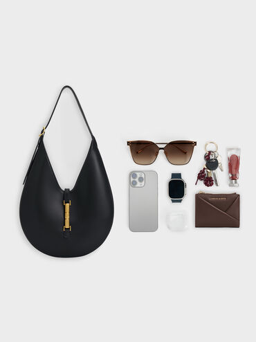 Cesia Metallic-Accent Hobo Bag, Black, hi-res