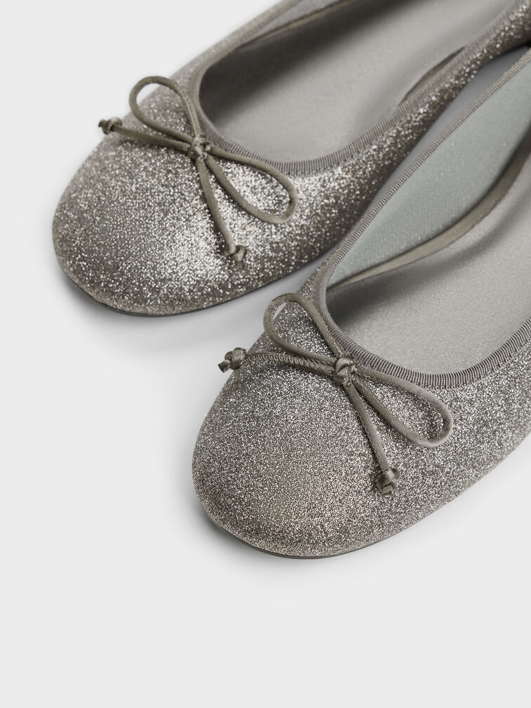 Glittered Mesh Bow Ballet Flats, Grey, hi-res